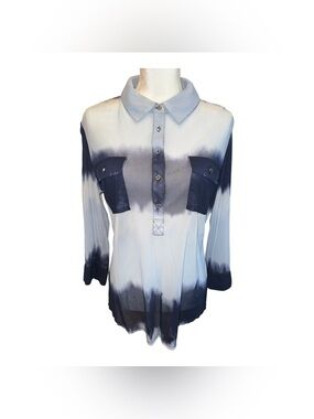 Women’s Button-up Shirt with a Bold Navy and White ombré pattern #65